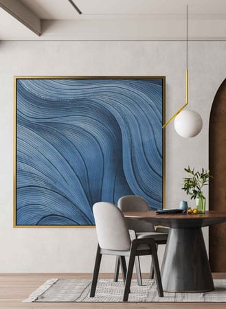 لوحة كانفاس مربع على إطار خشبي، تصميم فن تجريدي لموج ازرق، للمنزل، غرفة المعيشة، المكتب، الديكور
