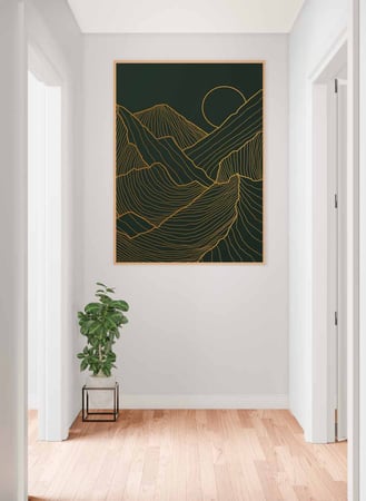 لوحة كانفاس على إطار خشبي، تصميم شمس مع الجبال، للمنزل، غرفة المعيشة، المكتب، الديكور