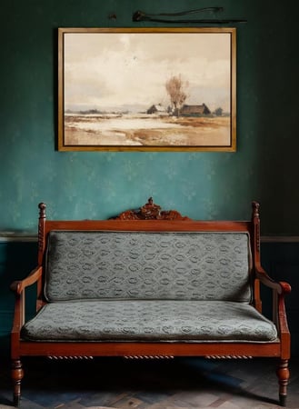 لوحة كانفاس على إطار خشبي بإطار خارجي باللون الخشبي وتصميم بيوت ريفية كلاسيكية