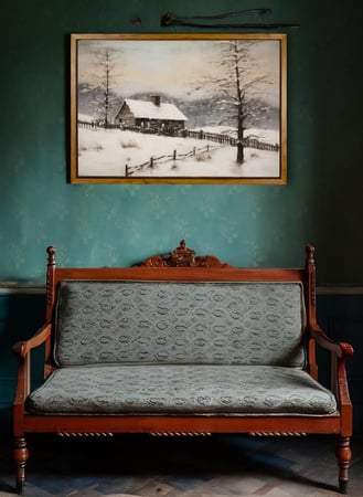 لوحة كانفاس على إطار خشبي بإطار خارجي باللون الخشبي وتصميم بيت كلاسيكي محاط بالثلوج