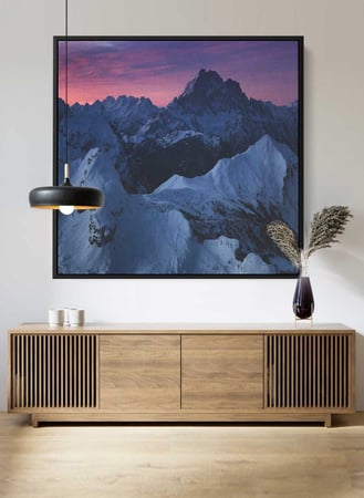 لوحة كانفاس مربع على إطار خشبي، تصميم شروق الشمس على جبال الجليد، للمنزل، غرفة المعيشة، المكتب، الديكور