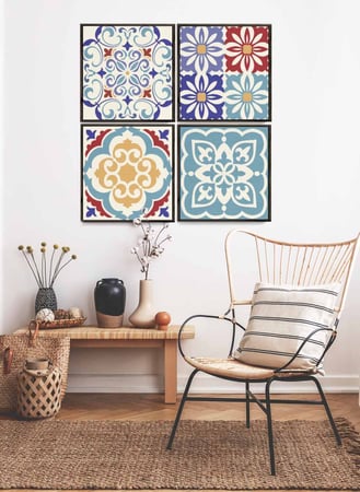 طقم من ٤ لوحات كانفاس مربع على إطار خشبي، تصميم نمط سيراميك ملون، للمنزل، غرفة المعيشة، المكتب، الديكور