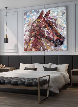 لوحة كانفاس مربع على إطار خشبي، تصميم فن زيتي لحصان ملون، للمنزل، غرفة المعيشة، المكتب، الديكور
