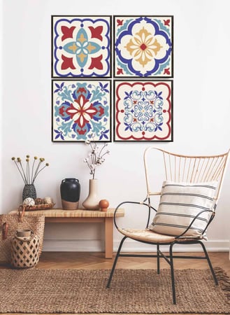 طقم من ٤ لوحات كانفاس مربع على إطار خشبي، تصميم نمط سيراميك ملون، للمنزل، غرفة المعيشة، المكتب، الديكور