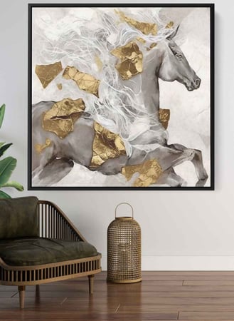 لوحة كانفاس مربع على إطار خشبي، تصميم فن زيتي لخيل جامح، للمنزل، غرفة المعيشة، المكتب، الديكور