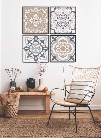 طقم من ٤ لوحات كانفاس مربع على إطار خشبي، تصميم نمط سيراميك ملون، للمنزل، غرفة المعيشة، المكتب، الديكور