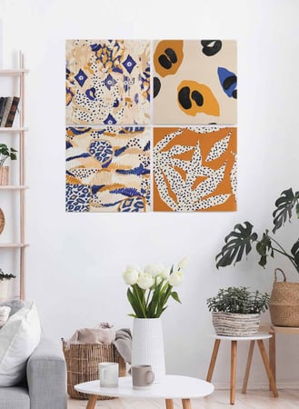 طقم من ٤ لوحات كانفاس مربع على إطار خشبي، تصميم فن تجريدي بوهيمى، للمنزل، غرفة المعيشة، المكتب، الديكور