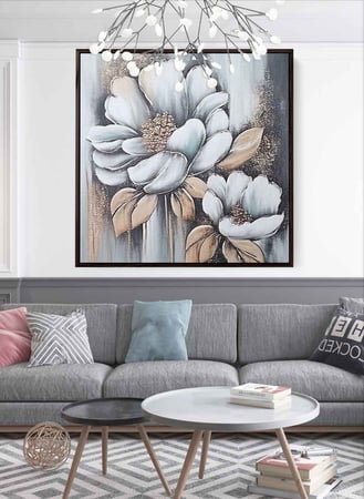 لوحة كانفاس مربع على إطار خشبي، تصميم فن زيتي للزهور، للمنزل، غرفة المعيشة، المكتب، الديكور