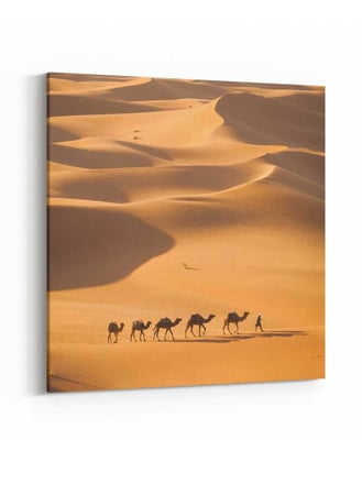 لوحة كانفاس مربع على إطار خشبي، تصميم قافلة من الجمال في الصحراء، للمنزل، غرفة المعيشة، المكتب، الديكور