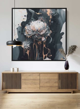 لوحة كانفاس مربع على إطار خشبي، تصميم فن تجريدي للزهور، للمنزل، غرفة المعيشة، المكتب، الديكور