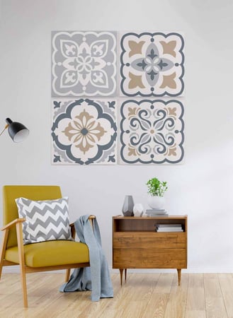 طقم من ٤ لوحات كانفاس مربع على إطار خشبي، تصميم نمط سيراميك ملون، للمنزل، غرفة المعيشة، المكتب، الديكور