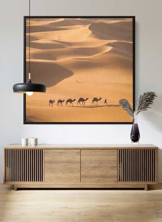 لوحة كانفاس مربع على إطار خشبي، تصميم قافلة من الجمال في الصحراء، للمنزل، غرفة المعيشة، المكتب، الديكور