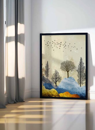 لوحة كانفاس على إطار خشبي، تصميم شجر على الجبال، للمنزل، غرفة المعيشة، المكتب، الديكور