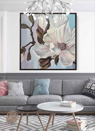 لوحة كانفاس مربع على إطار خشبي، تصميم زهرة جميلة متفتحة، للمنزل، غرفة المعيشة، المكتب، الديكور