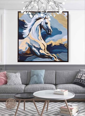 لوحة كانفاس مربع على إطار خشبي، تصميم فن تجريدي لحصان جامح، للمنزل، غرفة المعيشة، المكتب، الديكور