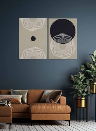 طقم من لوحتين كانفاس على إطار خشبي، تصميم فن تجريدي خطوط دائرية، للمنزل، غرفة المعيشة، المكتب، الديكور