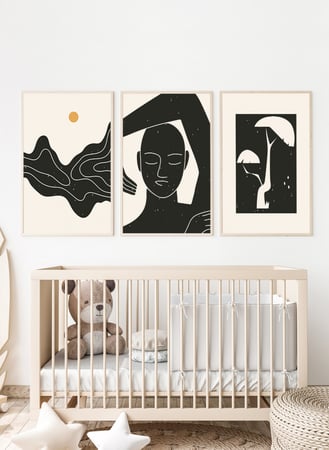 طقم من ٣ لوحات كانفاس على إطار خشبي، تصميم رسم تجريدي مرأة وشجرة، للمنزل، غرفة المعيشة، المكتب، الديكور