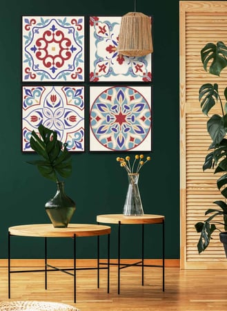 طقم من ٤ لوحات كانفاس مربع على إطار خشبي، تصميم نمط سيراميك بألوان زاهية، للمنزل، غرفة المعيشة، المكتب، الديكور