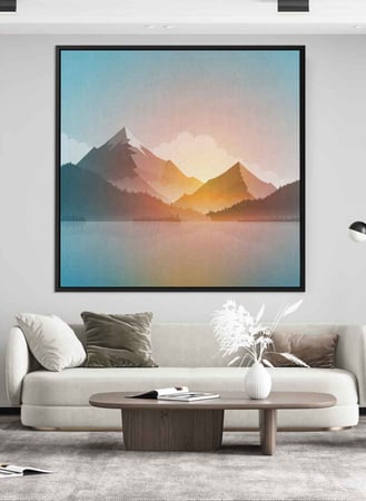لوحة كانفاس مربع على إطار خشبي، تصميم شروق الشمس على الجبال، للمنزل، غرفة المعيشة، المكتب، الديكور