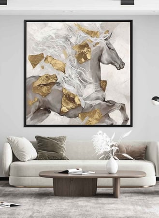 لوحة كانفاس مربع على إطار خشبي، تصميم فن زيتي لخيل جامح، للمنزل، غرفة المعيشة، المكتب، الديكور