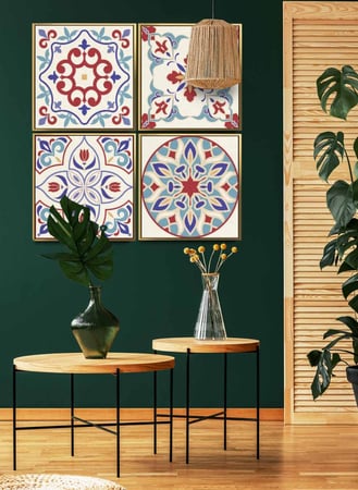 طقم من ٤ لوحات كانفاس مربع على إطار خشبي، تصميم نمط سيراميك بألوان زاهية، للمنزل، غرفة المعيشة، المكتب، الديكور