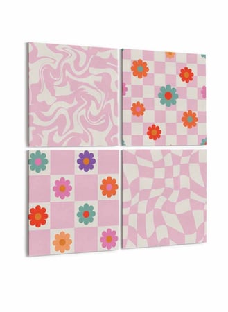 طقم من ٤ لوحات كانفاس مربع على إطار خشبي، تصميم زهور الأقحوان، للمنزل، غرفة المعيشة، المكتب، الديكور