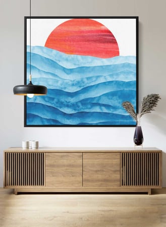 لوحة كانفاس مربع على إطار خشبي، تصميم فن تجريدي غروب الشمس، للمنزل، غرفة المعيشة، المكتب، الديكور