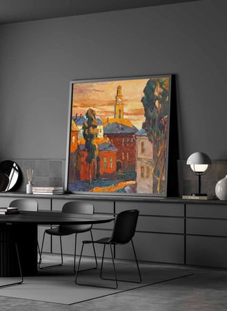 لوحة كانفاس مربع على إطار خشبي، تصميم غروب الشمس على الريف، للمنزل، غرفة المعيشة، المكتب، الديكور