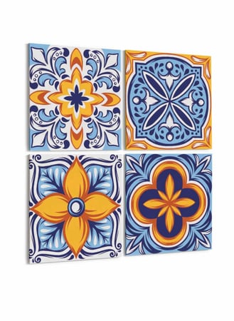 طقم من ٤ لوحات كانفاس مربع على إطار خشبي، تصميم زخرفة تالافيرا الشعبية، للمنزل، غرفة المعيشة، المكتب، الديكور
