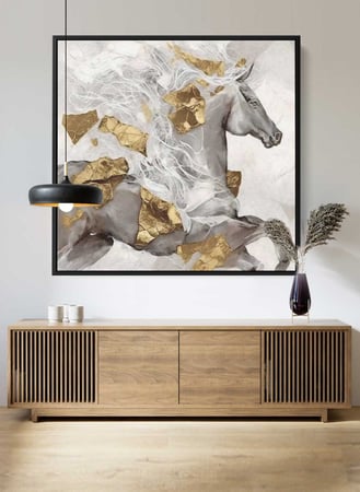 لوحة كانفاس مربع على إطار خشبي، تصميم فن زيتي لخيل جامح، للمنزل، غرفة المعيشة، المكتب، الديكور