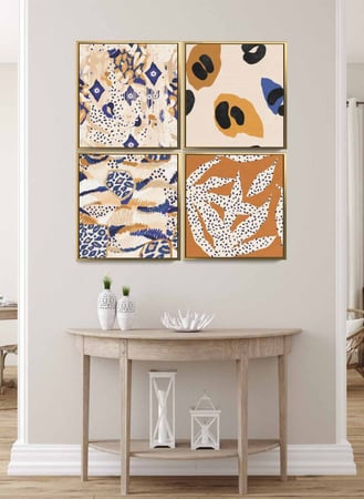 طقم من ٤ لوحات كانفاس مربع على إطار خشبي، تصميم فن تجريدي بوهيمى، للمنزل، غرفة المعيشة، المكتب، الديكور