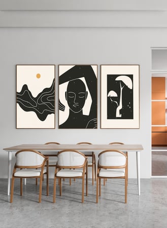 طقم من ٣ لوحات كانفاس على إطار خشبي، تصميم رسم تجريدي مرأة وشجرة، للمنزل، غرفة المعيشة، المكتب، الديكور