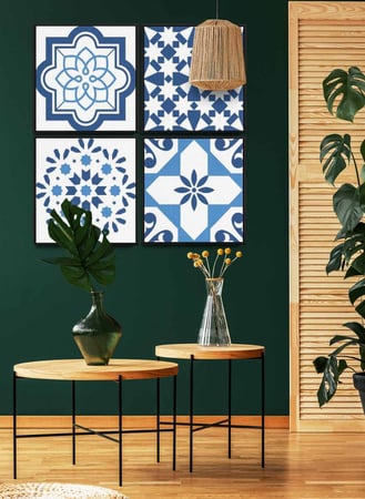 طقم من ٤ لوحات كانفاس مربع على إطار خشبي، تصميم أنماط منوعة، للمنزل، غرفة المعيشة، المكتب، الديكور