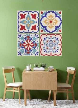 طقم من ٤ لوحات كانفاس مربع على إطار خشبي، تصميم نمط سيراميك ملون، للمنزل، غرفة المعيشة، المكتب، الديكور