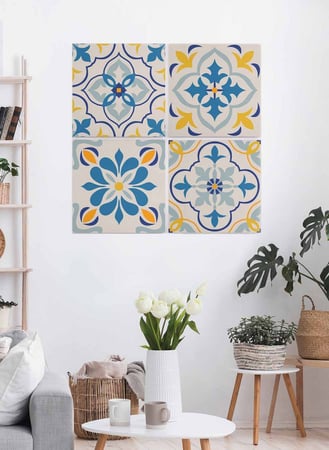 طقم من ٤ لوحات كانفاس مربع على إطار خشبي، تصميم نمط سيراميك ملون، للمنزل، غرفة المعيشة، المكتب، الديكور