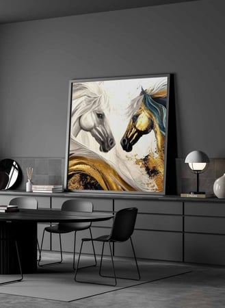 لوحة كانفاس مربع على إطار خشبي، تصميم فن زيتي زوج من الخيول، للمنزل، غرفة المعيشة، المكتب، الديكور