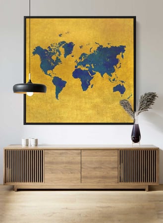 لوحة كانفاس مربع على إطار خشبي، تصميم خريطة العالم، للمنزل، غرفة المعيشة، المكتب، الديكور