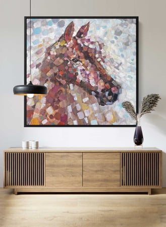 لوحة كانفاس مربع على إطار خشبي، تصميم فن زيتي لحصان ملون، للمنزل، غرفة المعيشة، المكتب، الديكور