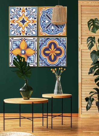 طقم من ٤ لوحات كانفاس مربع على إطار خشبي، تصميم زخرفة تالافيرا الشعبية، للمنزل، غرفة المعيشة، المكتب، الديكور