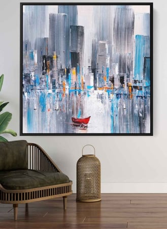 لوحة كانفاس مربع على إطار خشبي، تصميم فن زيتي لمشهد للمدينة ، للمنزل، غرفة المعيشة، المكتب، الديكور