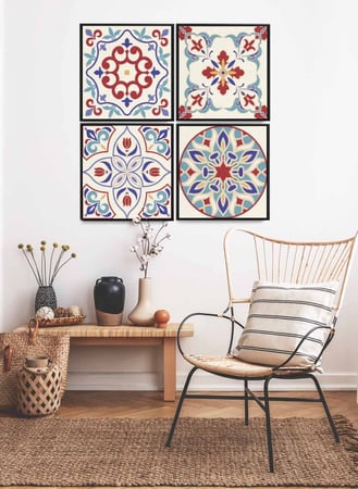 طقم من ٤ لوحات كانفاس مربع على إطار خشبي، تصميم نمط سيراميك بألوان زاهية، للمنزل، غرفة المعيشة، المكتب، الديكور