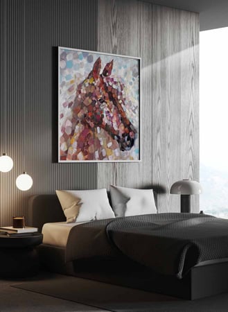 لوحة كانفاس مربع على إطار خشبي، تصميم فن زيتي لحصان ملون، للمنزل، غرفة المعيشة، المكتب، الديكور