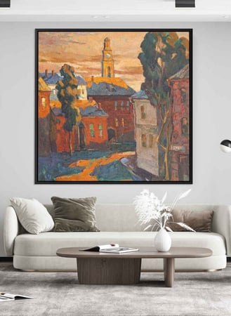 لوحة كانفاس مربع على إطار خشبي، تصميم غروب الشمس على الريف، للمنزل، غرفة المعيشة، المكتب، الديكور