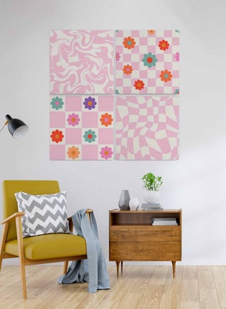 طقم من ٤ لوحات كانفاس مربع على إطار خشبي، تصميم زهور الأقحوان، للمنزل، غرفة المعيشة، المكتب، الديكور