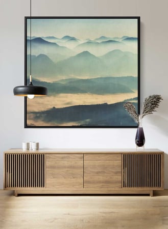 لوحة كانفاس مربع على إطار خشبي، تصميم جبال مع السحاب، للمنزل، غرفة المعيشة، المكتب، الديكور