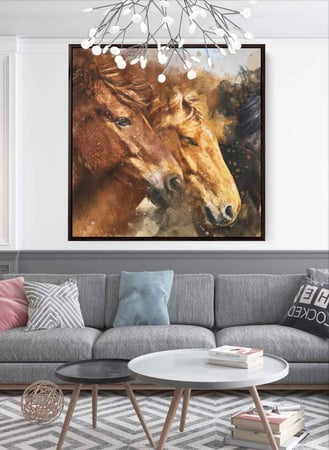 لوحة كانفاس مربع على إطار خشبي، تصميم فن تجريدي للخيول الجامحة، للمنزل، غرفة المعيشة، المكتب، الديكور