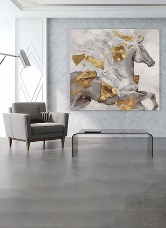 لوحة كانفاس مربع على إطار خشبي، تصميم فن زيتي لخيل جامح، للمنزل، غرفة المعيشة، المكتب، الديكور