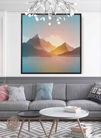 لوحة كانفاس مربع على إطار خشبي، تصميم شروق الشمس على الجبال، للمنزل، غرفة المعيشة، المكتب، الديكور