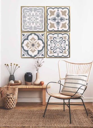 طقم من ٤ لوحات كانفاس مربع على إطار خشبي، تصميم نمط سيراميك ملون، للمنزل، غرفة المعيشة، المكتب، الديكور