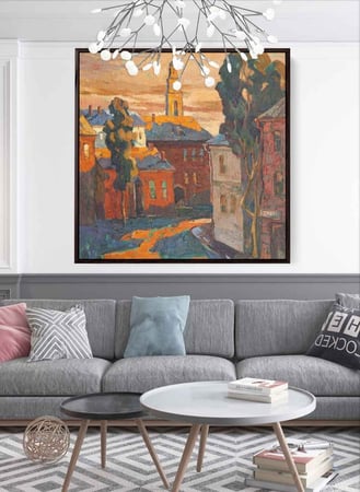 لوحة كانفاس مربع على إطار خشبي، تصميم غروب الشمس على الريف، للمنزل، غرفة المعيشة، المكتب، الديكور